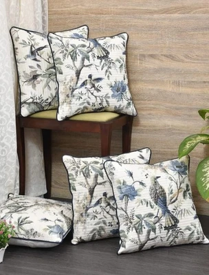 Bird Print Cotton Cushion Covers Set of 5 16x16" Sofa Decor by DBfashionvilla - Image 1 of 4