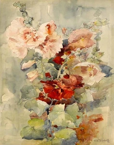 Franz Bischoff Pink And Red Hollyhocks Canvas Print 16 x 20 - Picture 1 of 4