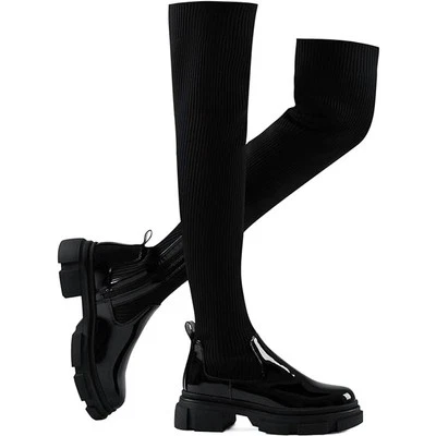 Shoe'N Tale Thigh High Knit Sock Mid Chunky Heel Stretch Over the Knee Boots - Image 1 of 4