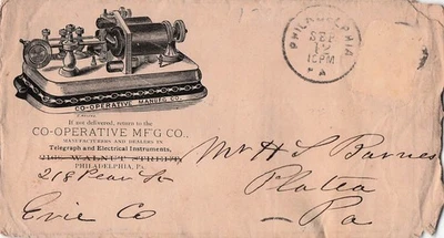 1880s Philadelphia Co-Operative Mfg Telegraph Instrument Ad Cover CV10 - Image 1 of 2