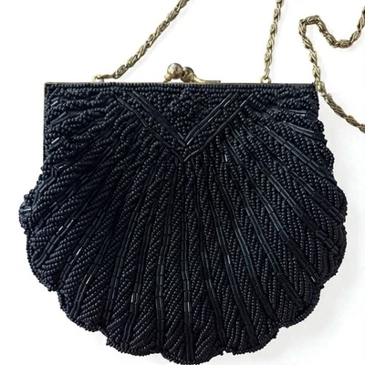 Black Beaded Purse Evening Bag Clamshell Clutch Gold Metal Chain Vtg 80s 90s - Image 1 of 4