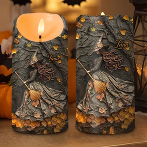 Hexe auf Besen LED Kerze, Halloween gruselige flammenlose Kerze Gothic Deko - Bild 1 von 5