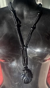 Vintage Chinese Carved Gourd Pendant Double bead Black Necklace - Picture 1 of 14