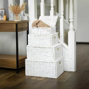 Large Wicker Storage Basket 4pc Set White Laundry Hamper Stackable Lid Lock Home - Picture 1 of 24