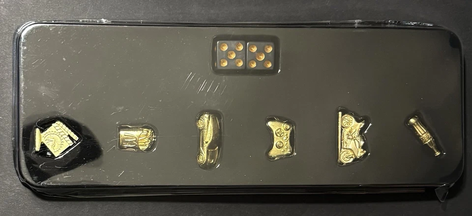 2013 Monopoly Empire Replacement 6 Gold Tokens & 2 Black Dice Parts In Holder - Image 1 of 4