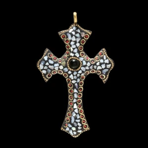 PEARL, ONYX & RED CORAL GEMSTONE TIBATAN HANDMADE BOHO CROSS PENDANT 4.4'' - Picture 1 of 1