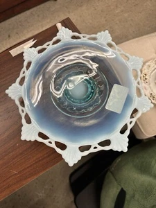 RARE Vtg Fenton Blue Opalescent Art Glass Open Lace Cake Plate Pedestal Stand - Picture 1 of 5