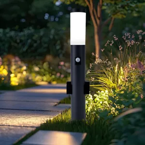 Steh Leuchte 2x Außen Steckdose Bewegungsmelder Garten Edelstahl Lampe ANTHRAZIT - Bild 1 von 12