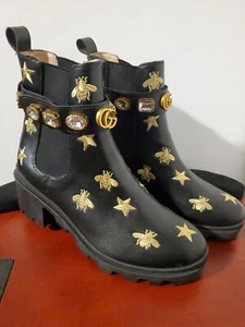 Botas Gucci Mujer Talla 41/7.5 EE. UU. Bordadas Negras con Estrellas Abejas Doradas Firma - Imagen 1 de 12