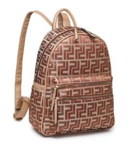 New Women Brown Graphic Leather Look PU Double Zip Pockets Backpack. More Colors - Picture 1 of 15