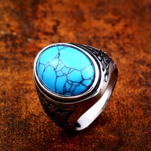 Titanium Steel Domineering Blue Carved Stone Retro Turquoise Inlaid Ring - Picture 1 of 5