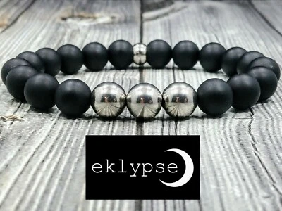 Modern 8"L STAINLESS STEEL 10mm Matte Black Onyx Gemstone Beaded Men's Bracelet - Image 1 of 4