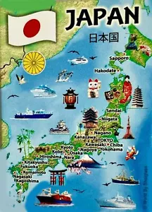"Japan Grafik Karte und Sehenswürdigkeiten Souvenir Kühlschrank Magnet 2,5"" x 3,5"" - Bild 1 von 1