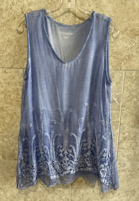 SOFT SURROUNDINGS Layered Silk Embroidered Sequin Sheer Tunic Tank Blue Petite M - Image 1 of 4
