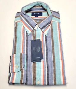 New Eton Contemporary Dress Shirt Men 16 41 LARGE Multicolor Striped 100% LINEN - Picture 1 of 7