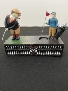 Cast Iron Golfers Birdie Putt Coin Piggy Bank Golf Mechanical Moving 8 1/2 “  - Picture 1 of 9