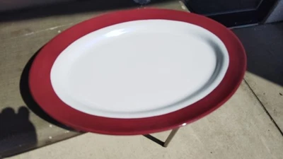 EUC Pampered Chef Simple Additions XLRG Oval White Platter Burgundy Trim 19"x14" - Image 1 of 4