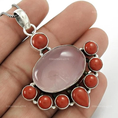 Quarzo Rosa 925 Argento Sterling Cuore Chakra Anniversario Bezel Natale Ciondolo - Immagine 1 di 4