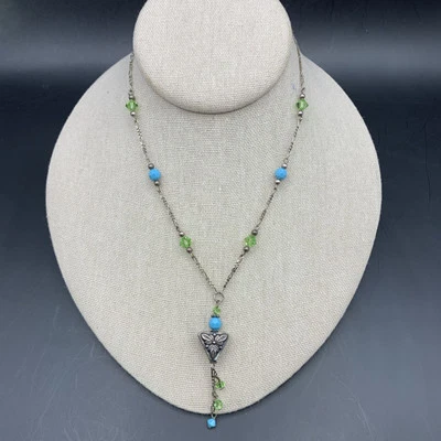 Collar Colgante Floral Gota Y Tono Plata Verde Azul Delicado Cuentas Cuelga Foto 1 de 4