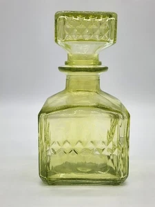 Pressed Light Green Glass Decanter With Square Stopper Diamond Pattern 6.5" - Picture 1 of 12