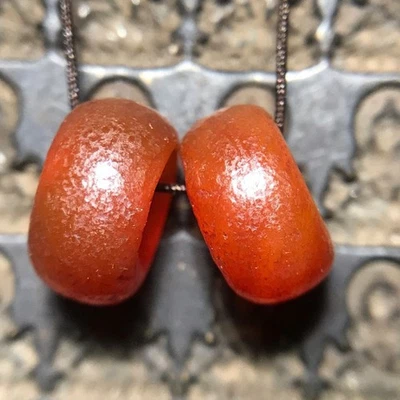 Antiguo par de cuentas de ágata cuentas de ábaco de agujero grande pátina piel naranja joyería Foto 1 de 4