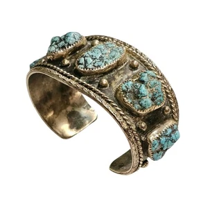 Brazalete vintage Diné (Navajo) turquesa pepita plata de ley - Imagen 1 de 6