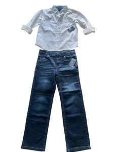 NEW Tommy Hilfiger Boy's Stretch Slimy Dark Blue Denim Jeans Pants 7 Shirt 7 SET - Picture 1 of 11