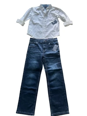 NEW Tommy Hilfiger Boy's Stretch Slimy Dark Blue Denim Jeans Pants 7 Shirt 7 SET - Image 1 of 4