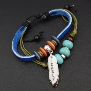 Carly personalisiertes Boho Armband blau Leder gestapelt Hippie Chic Indie Name - Bild 1 von 5