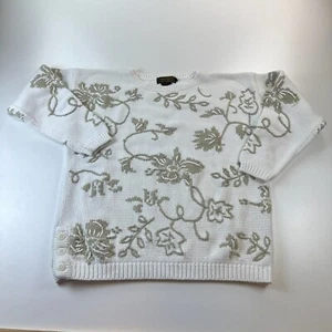 Vintage Eddie Bauer Sweater Womens Medium White Knit Embroidered Floral Cotton - Picture 1 of 8