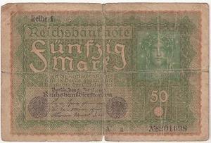 Germany 50 Mark 1919 Reihe 1 Banknotes Circulated Aa Nr-201698 - Picture 1 of 2