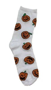 Halloween Sparkly Crew Sock ~ Size 6-8, Shoe 10.5-4 (Jack-o-lanterns on White) - Picture 1 of 1