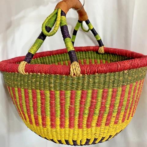 Hand Woven Market Picnic Basket with Leather Handle Bright Colors 16" Vintage Cover