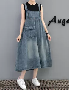 Women's Denim Strap Dress Loose Casual Solid Color Mid-Length Skirt - Picture 1 of 13