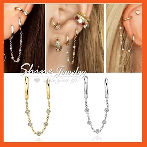 WOMENS FASHION SILVER / GOLD GP DOUBLE PIERCING HOOP BAND CRYSTAL CHAIN EARRINGS - Bild 1 von 9