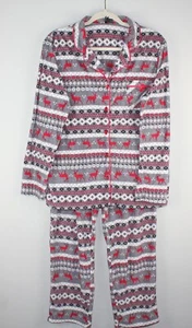 KERSIE Women's Fleece Gray Winter Print Long Sleeves/Pants 2pc Pajama Set Sz L - Picture 1 of 13