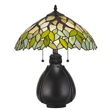 2 Bulb Tiphany Table Lamp with Leaf Design Glass Shade, Multicolor