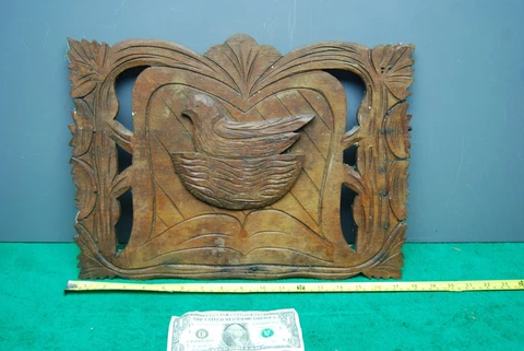 antique hand carved wood "bird on nest" salvaged Black Forest furniture plaque Cover