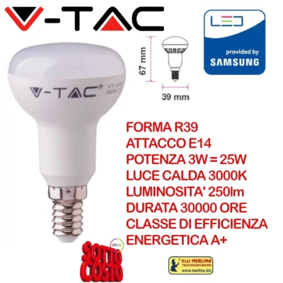 V-TAC PRO VT-239 210 Lampadina LED Chip Samsung E14 3W R39 3000K faretto calda - Immagine 1 di 4