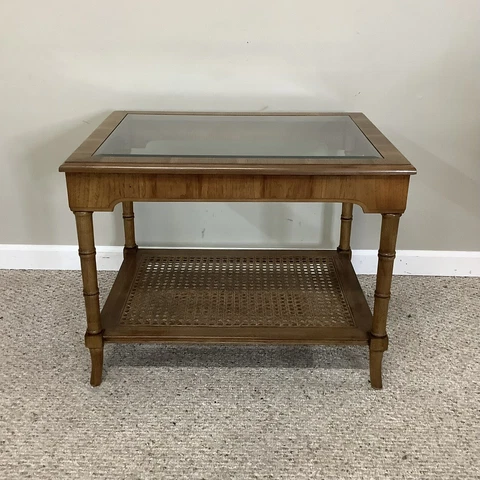 Hollywood Regency Faux Bamboo Caning Glass Top Bar Server Side End Table Lamp Cover