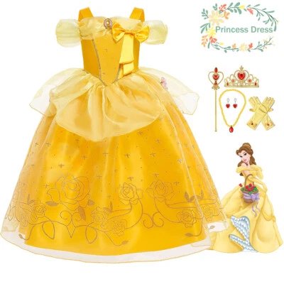 Kids Girls Princess Fancy Dress Up Cosplay Party Costume Gift Beauty Beast Belle - Image 1 of 4