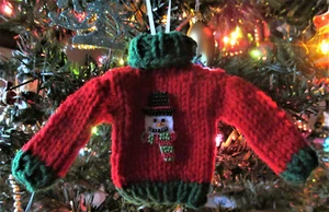 Knitted Christmas Sweater Ornament with a Seed Beaded Snowman Handmade - Picture 1 of 3