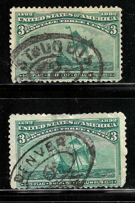 Sc #232 St Louis & Denver Oval Town Fancy Cancel 3 Cent Columbian 1893 US 93B31 - Image 1 of 3