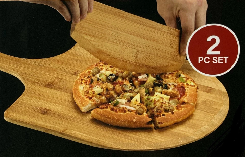 Juego balancín de bambú natural para pelar y rebanar pizza - tabla de remo de 22" y cortador de 14" Foto 1 de 4