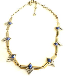 J.Crew Statement Necklace Blue  Rhinestone Chevron Geometric Gold Tone - Picture 1 of 6