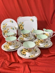 Grafton Bone China Tea Set 1950s 5 Trios Milk Sugar Plate Yellow Flowers - Picture 1 of 18