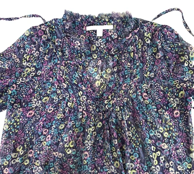 Lauren Conrad Floral Peasant Blouse Oversized XS Multi  Semi Sheer Frayed Tie - Image 1 of 4