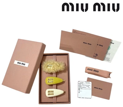 Miu Miu волос аксессуар Baretta заколка комплект из 3 желтый слоновой кости бежевый замши w/коробка - Изображение 1 из 4
