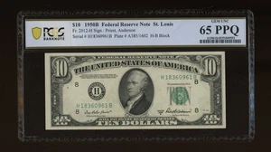 DBR 1950-B $10 St. Louis Gem Fr. 2012-H PCGS-B 65 PPQ Serial H18360961B - Picture 1 of 2