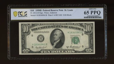 DBR 1950-B $10 St. Louis Gem Fr. 2012-H PCGS-B 65 PPQ Serial H18360961B - Image 1 of 2